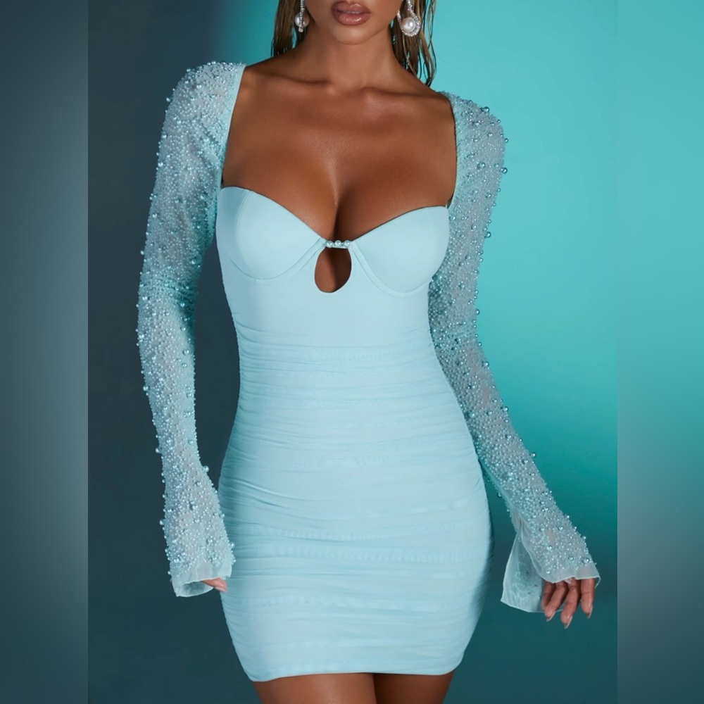 Oh Polly Light Blue Beaded Mini Dress